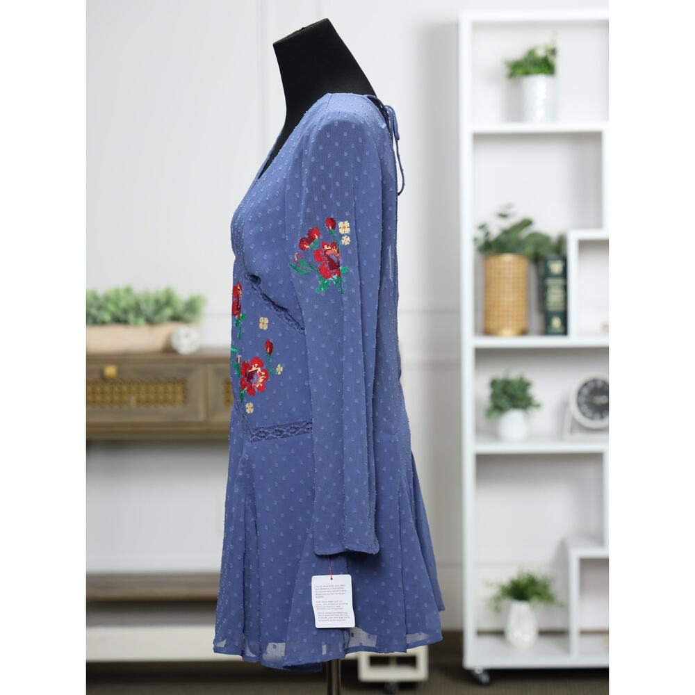 ASOS DESIGN Embroidered Floral Mini Dress 10 Blue Swiss Dot Cottagecore Boho NWT - Picture 6 of 14